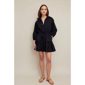 Cara Cara Robin Mini Dress Black Poplin Size L  Puff Sleeve Ruffle Tier Pockets